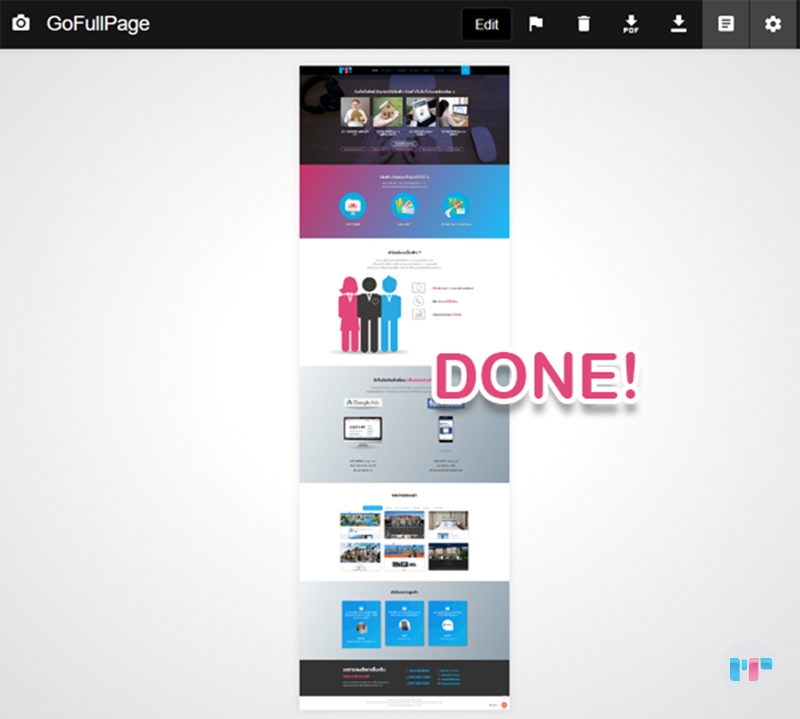 GoFullPage จะทำการแคปเจอร์หน้าเว็บโดยจะเลื่อนหน้าจออัตโนมัติไปจนสุด และแสดงผลดังภาพ