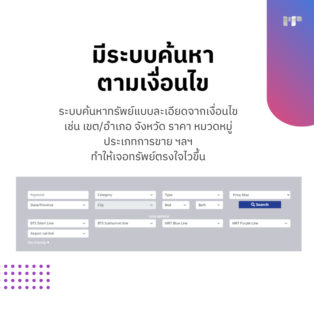 มีระบบค้นหา
ตามเงื่อนไข
ระบบค้นหาทรัพย์แบบละเอียดจากเงื่อนไข เช่น เขต/อำเภอ จังหวัด ราคา หมวดหมู่ ประเภทการขาย ฯลฯ
ทำให้เจอทรัพย์ตรงใจไวขึ้น